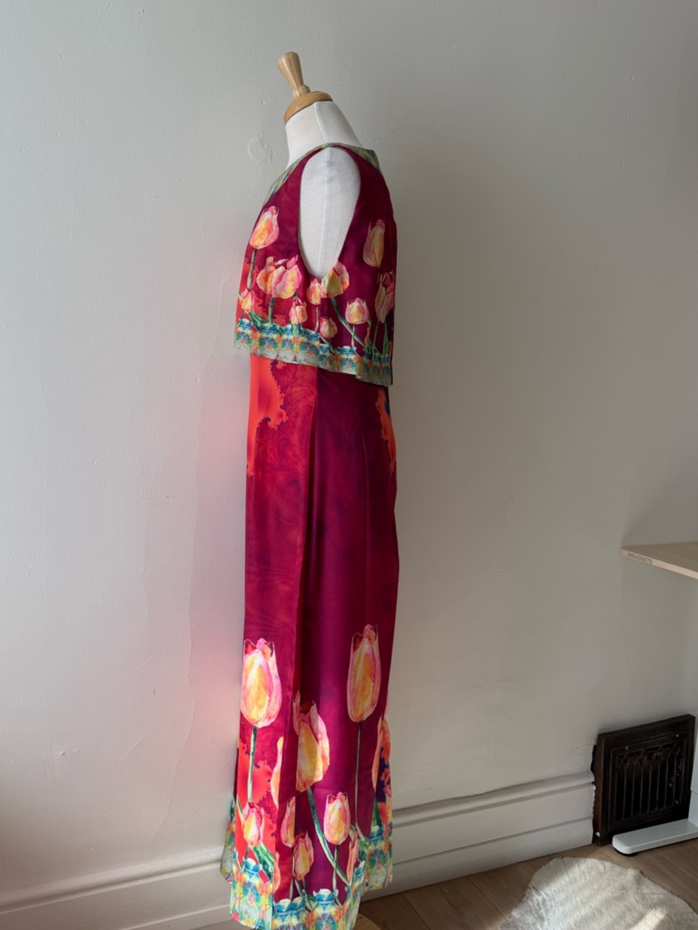 Mackenzie Mode Designer Watercolor Tulip Maxi Dress Cape Overlay Pink Floral - Picture 5 of 10